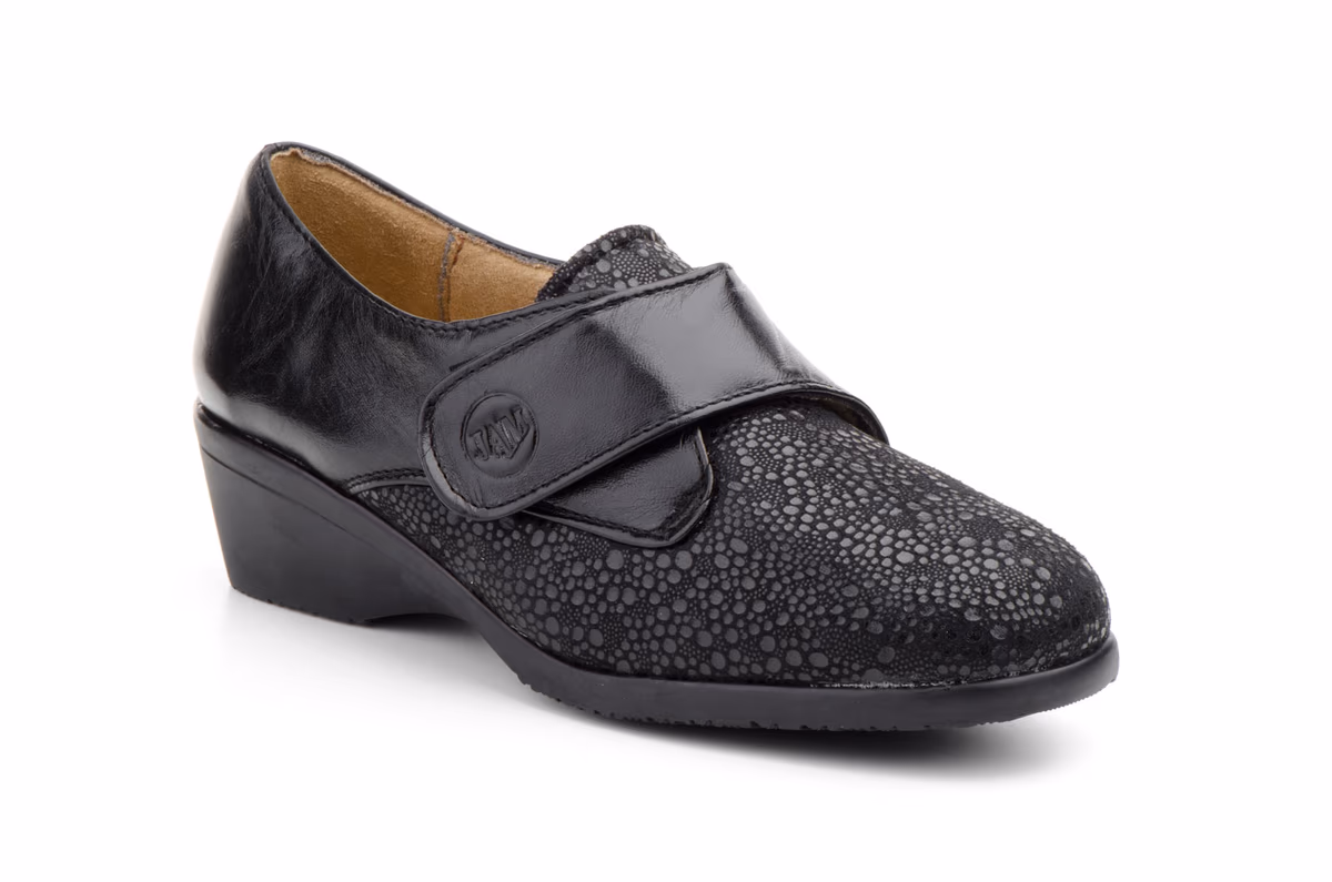 Zapatos Mujer Piel Negro Licra Comodon Cuña Anchos Calzados ref. 1705