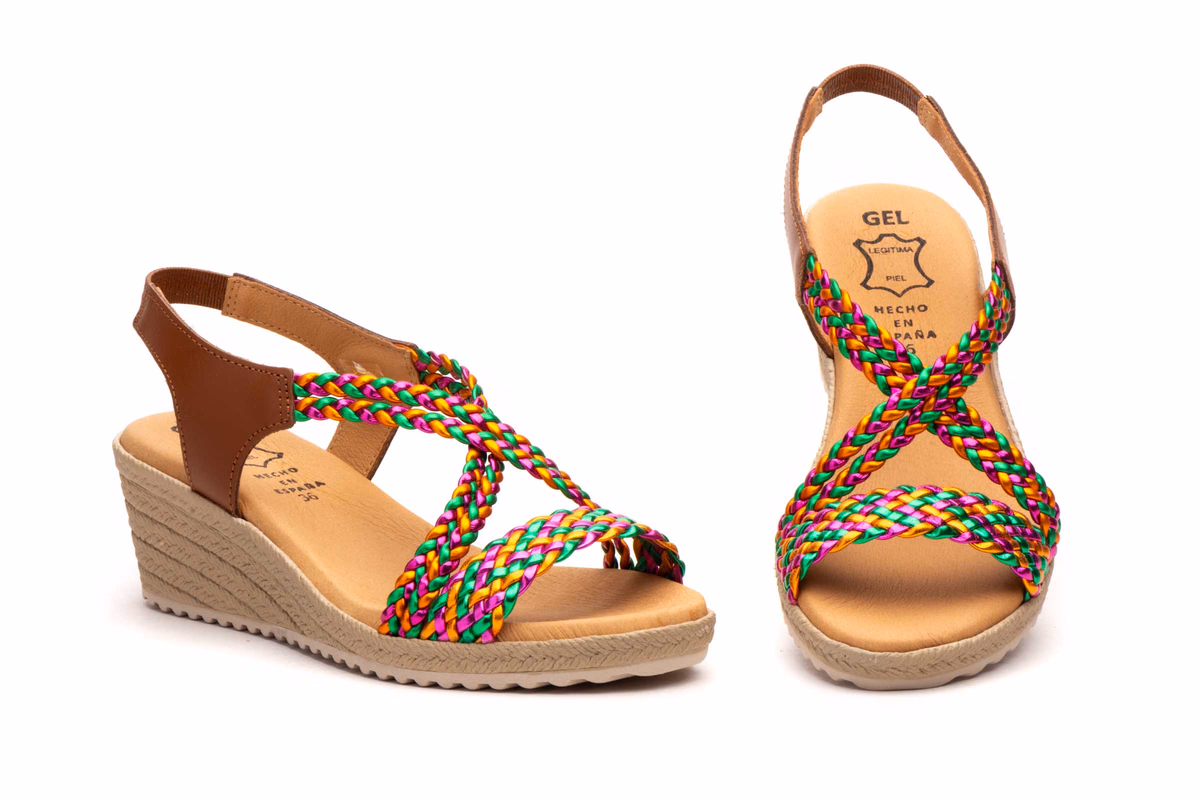 Sandalias Mujer Trenzado Multicolor Talonera Piel Cuero Cuña Yute Alto Estilo ref. 3326