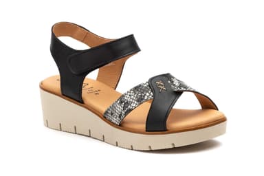 Sandalias Mujer Piel Negro Tiras Adhesiva Cuña Gel Alto Estilo ref. AE-640