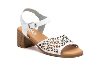Sandalias Mujer Piel Blanco Grabado Láser Tacón Hebilla Plantilla Gel JAM ref. SS-7065