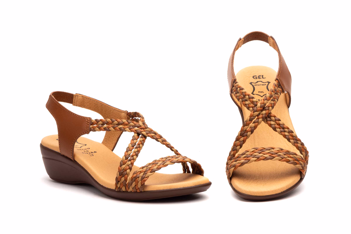 Sandalias Mujer Trenzado Cuero-Camel Talonera Piel Cuero Cuña Alto Estilo ref. 323