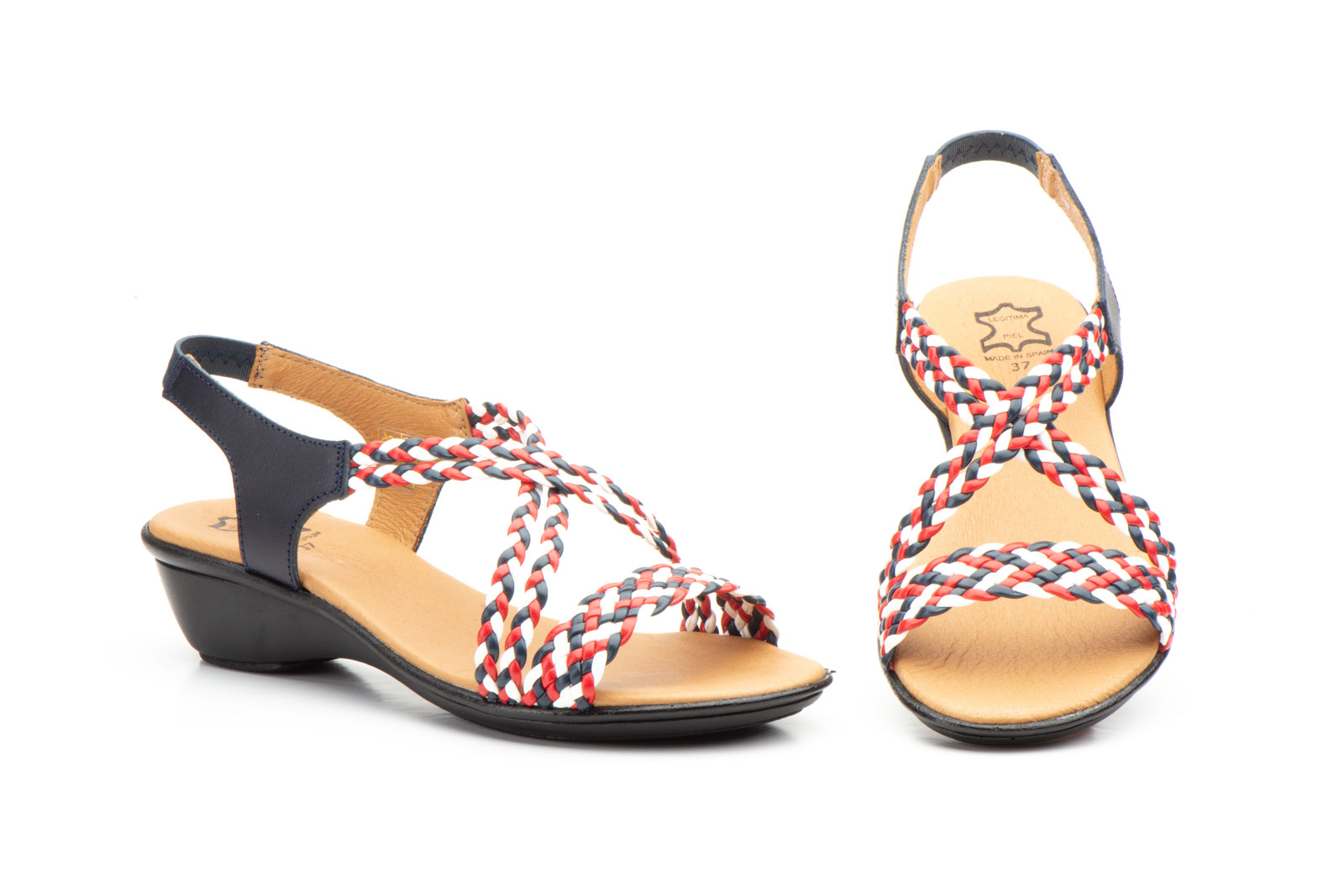 Sandalias Mujer Trenzado Piel Azul Blanco Rojo  -  Ref. 323 Azul Blanco Rojo