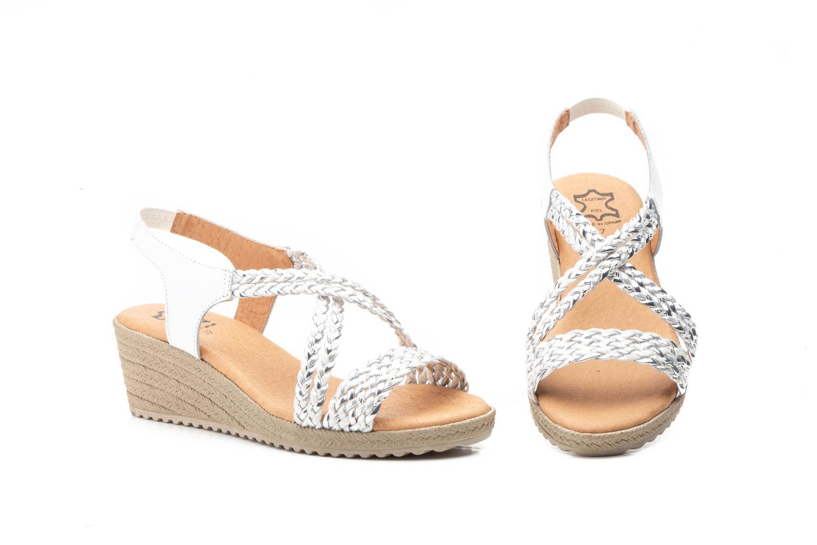 Sandalias Mujer Trenzado Blanco Plata Cuña  -  Ref. 3326 Blanco Plata