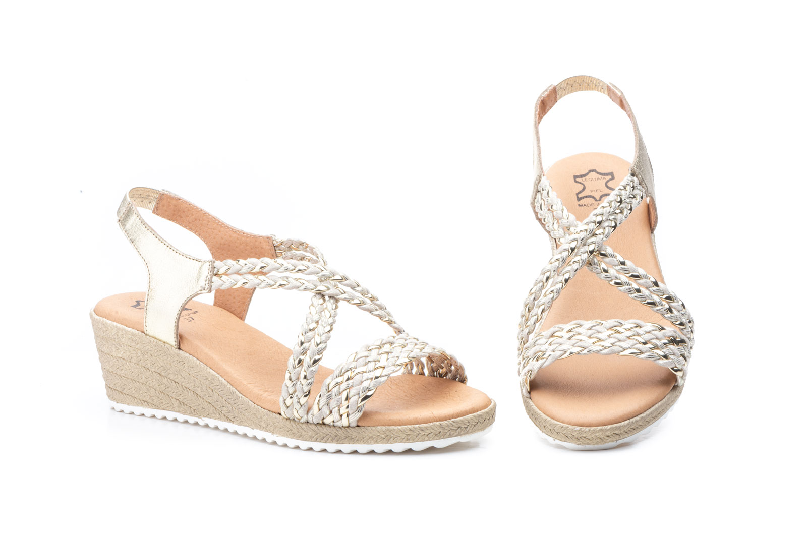 Sandalias Mujer Trenzado Platino Oro Cuña  -  Ref. 3326 Platino Oro