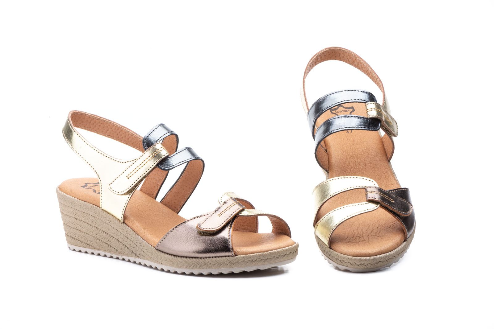 Sandalias Mujer Piel Platino Bronce Plomo Velcro Cuña Yute  -  Ref. 3454 Platino Bronce Plomo