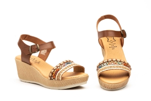 Sandalias Mujer Piel Cuero Yute Cuña Gel  -  Ref. AE-183 Cuero