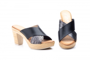 Sandalias Mujer Piel Negro Plata Tacón  -  Ref. 19007 Carmen Negro Plata