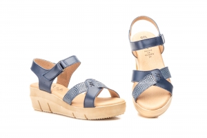 Sandalias Mujer Piel Marino Velcro Cuña Gel  -  Ref. AE-640 Marino