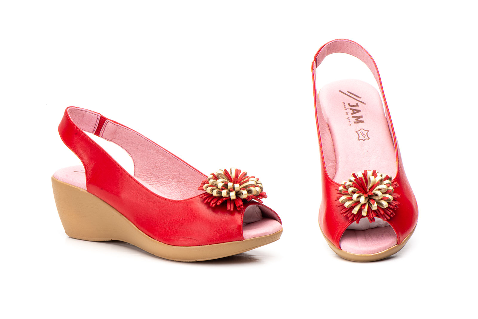 Sandalias Mujer Piel Rojo Pompón Cuña  -  Ref. BL-150 Rojo