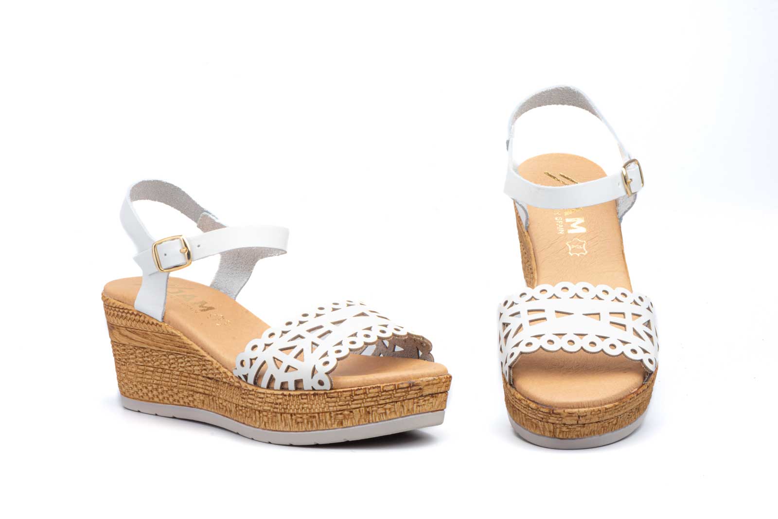 Sandalias Mujer Piel Láser Blanco Cuña Yute  -  Ref. 7055 Blanco