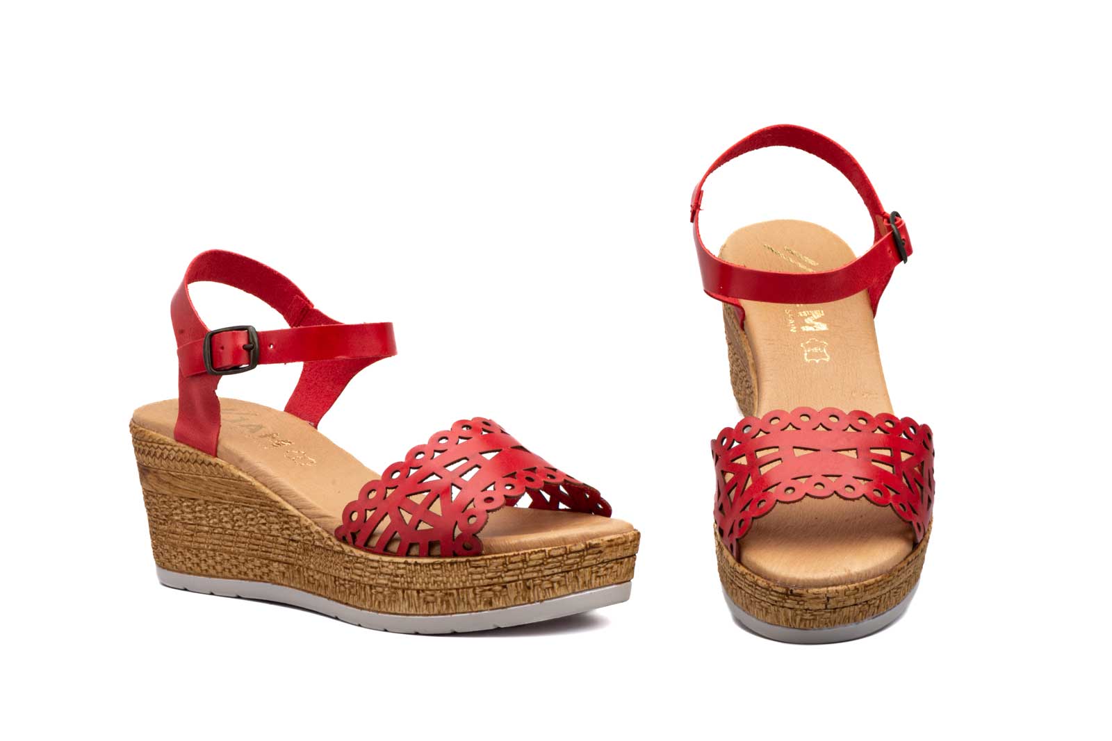 Sandalias Mujer Piel Láser Rojo Cuña Yute  -  Ref. 7055 Rojo