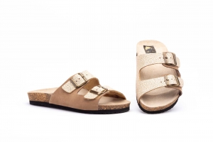 Sandalias Bio Mujer Piel Marrón Oro Hebillas  -  Ref. 7377 Marrón Oro