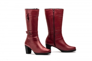 Botas Mujer Piel Burdeos Hebilla Cremallera Tacón  -  Ref. 1510 Burdeos