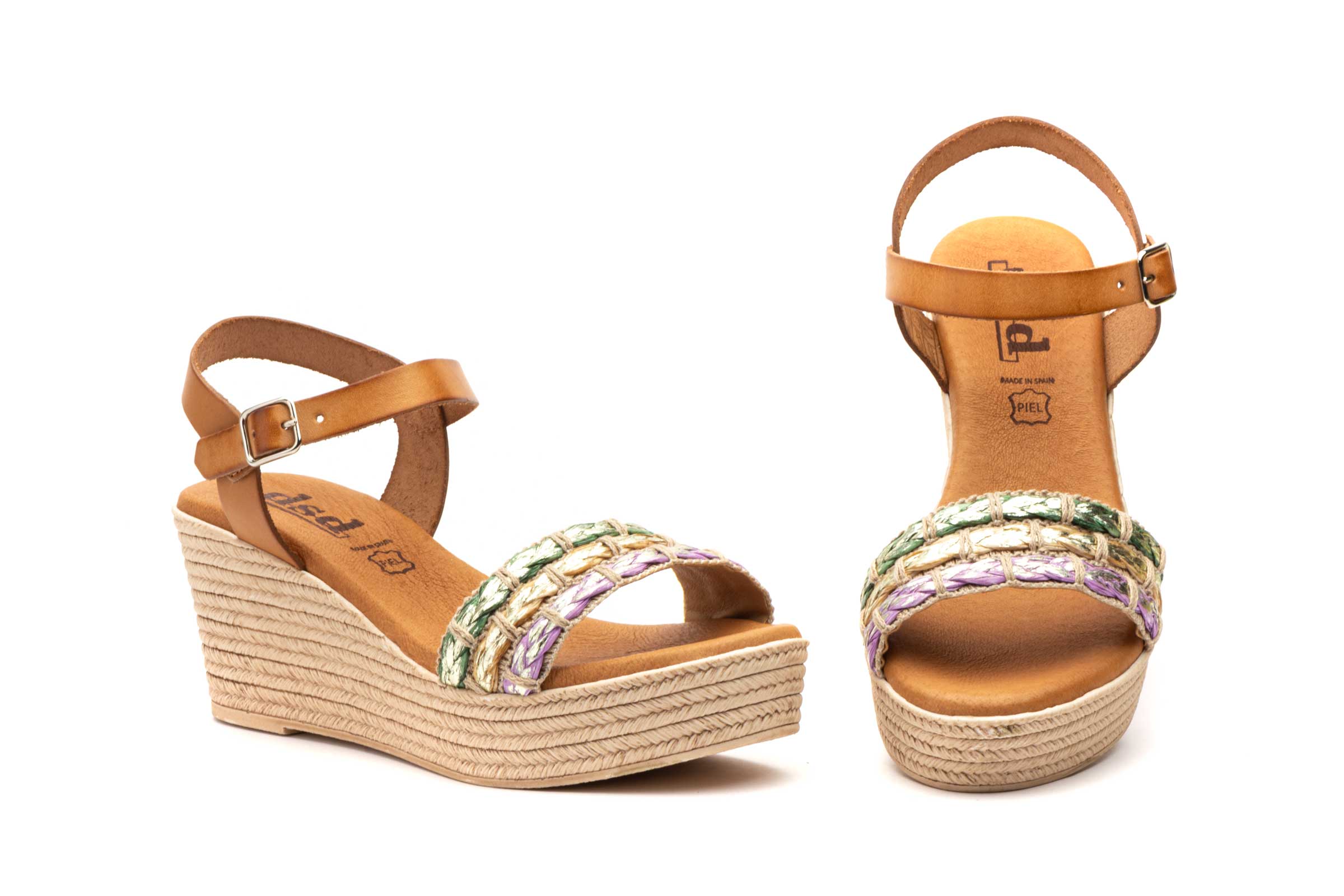 Sandalias Mujer Piel Camel Tiras Rafia Verde Beige Lila  -  Ref. 10035 Camel