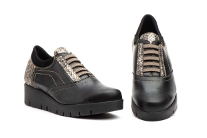 Zapatos Mujer Piel Negro Cordones Elásticos Cuña  -  Ref. SS-6080 Negro