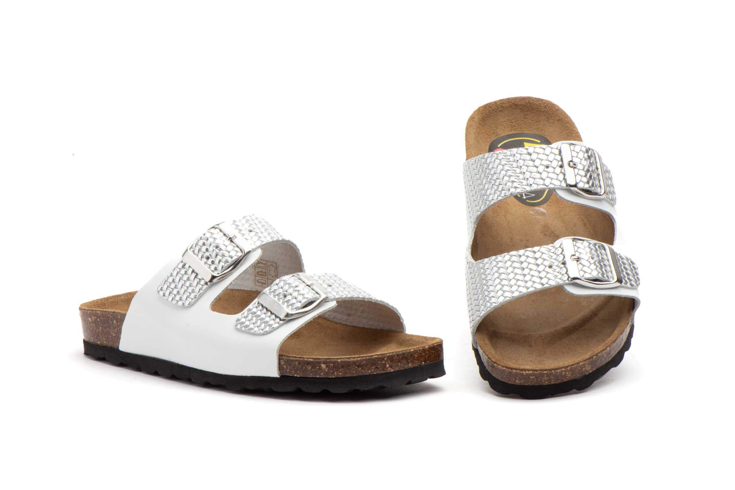 Sandalias Mujer Piel Blanco Plata Hebillas  -  Ref. 7377 Blanco Plata