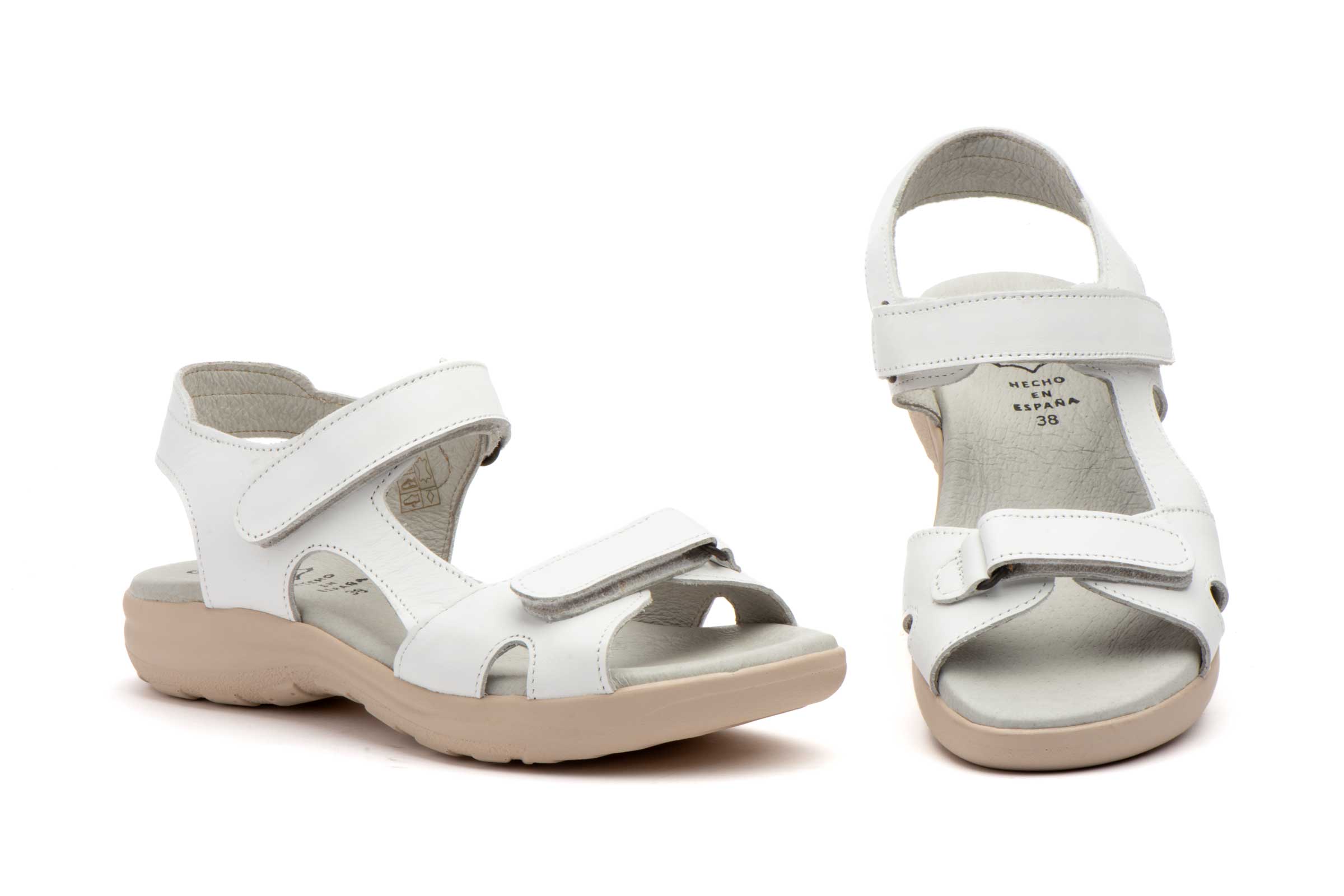 Sandalias Mujer Piel Blanco Velcro  -  Ref. AE-645 Blanco