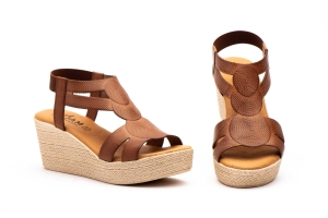 Sandalias Mujer Piel Cuero Cuña Alta Elástico  -  Ref. DSD-212 Cuero