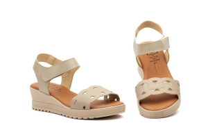 Sandalias Mujer Piel Beige Cuña Velcro  -  Ref. AE-648 Beige