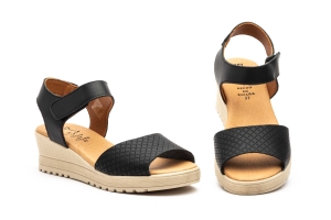 Sandalias Mujer Piel Negro Velcro Cuña  -  Ref. AE-649 Negro