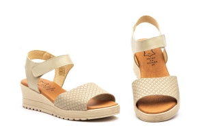 Sandalias Mujer Piel Beige Velcro Cuña  -  Ref. AE-649 Beige