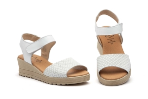 Sandalias Mujer Piel Blanco Velcro Cuña  -  Ref. AE-649 Blanco
