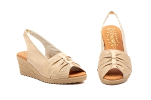 Sandalias Mujer Piel Beige Cuña Elástico  -  Ref. 3824 Beige