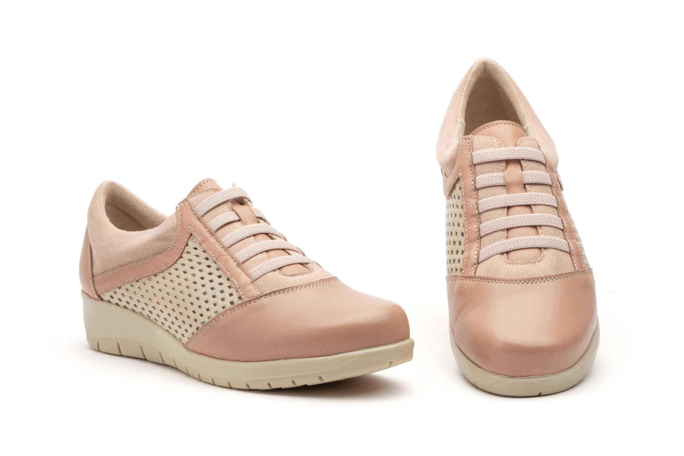 Deportivos Mujer Piel Cordones Elásticos Cuña  -  Ref. 95567 Nude