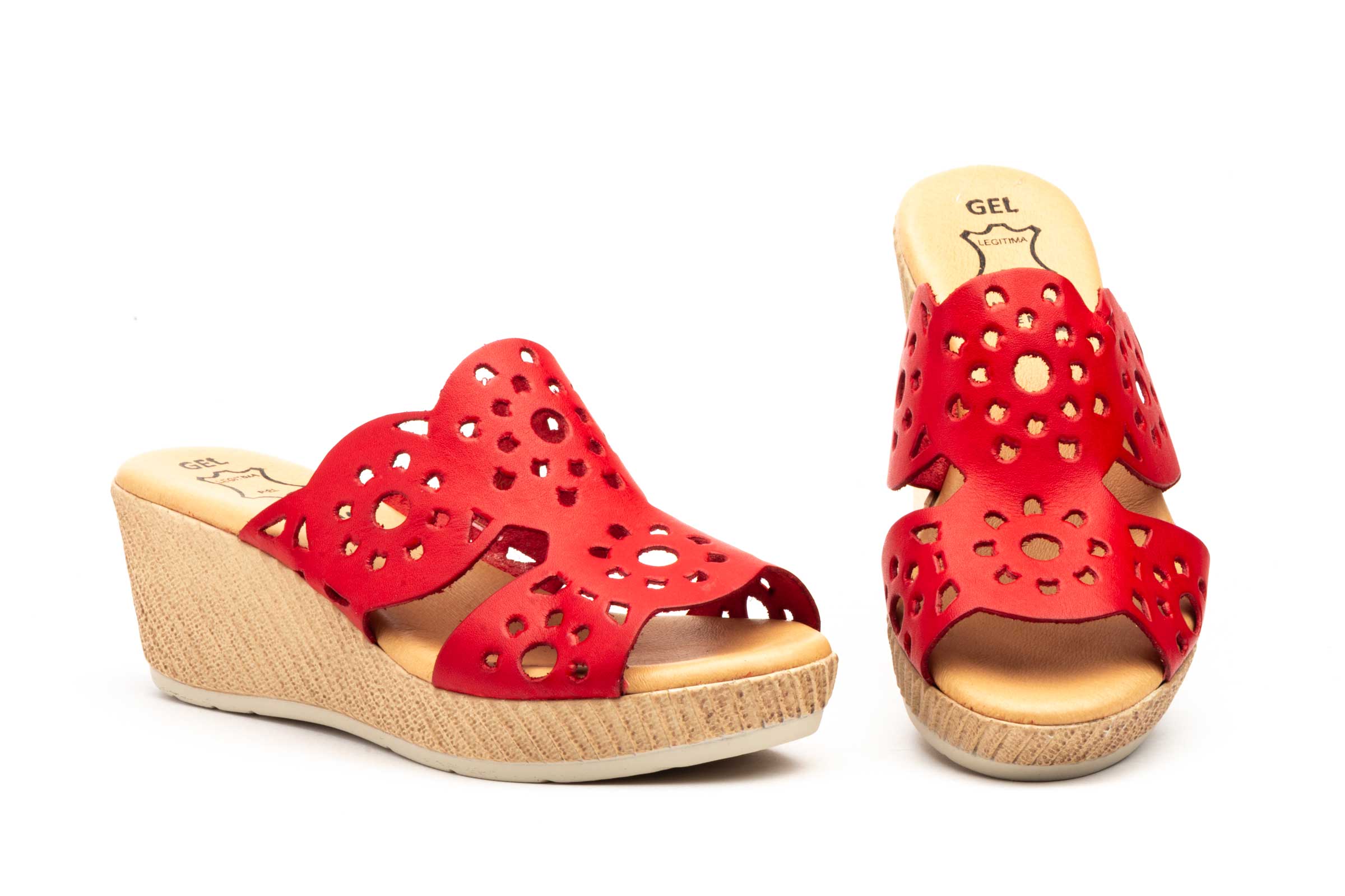 Sandalias Vaquetillas Mujer Piel Rojo Picado Cuña  -  Ref. 462 Rojo